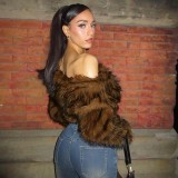 Women Autumn/Winter Furry Slash Shoulder Turndown Collar Long-Sleeved Top