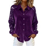 Women Velvet Patchwork Sequin Turndown Collar Long-Sleeved Shirt