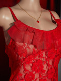 Women Red Sexy Lace See-Through V Neck Open Back Slip-On Nightgown