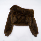 Women Autumn/Winter Furry Slash Shoulder Turndown Collar Long-Sleeved Top