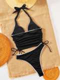 Women V-Neck Halter Neck Lace-Up Color Block Lace Solid Two Pieces Swimsuit