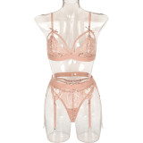 Women Lace Patchwork Bow Cross Garter Sexy Lingerie Three-Piece