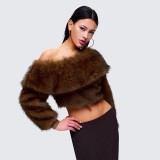 Women Autumn/Winter Furry Slash Shoulder Turndown Collar Long-Sleeved Top