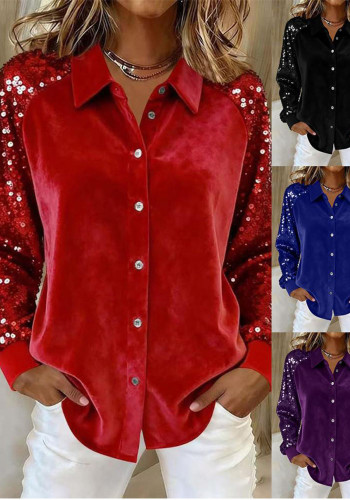 Women Velvet Patchwork Sequin Turndown Collar Long-Sleeved Shirt
