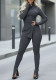Women Spring/Autumn Solid Stand Collar Long-Sleeved Slit Top and Pant Two-Piece Set