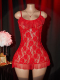 Women Red Sexy Lace See-Through V Neck Open Back Slip-On Nightgown