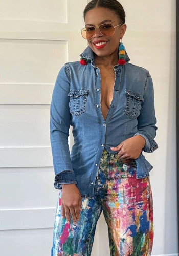 Women Spring and Autumn Double Pocket Long-sleeved Denim Shirt