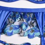 Women Blue Floral Embroidered Mesh Patchwork Camisole See-Through Three-Piece Sexy Lingerie