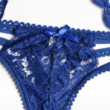 Women Lace Patchwork Bow Cross Garter Sexy Lingerie Three-Piece