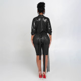 Women Autumn Lace-Up Top and Knee-Length Shorts Two-Piece Set