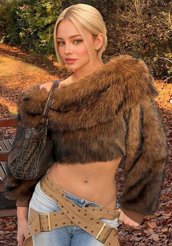 Women Autumn/Winter Furry Slash Shoulder Turndown Collar Long-Sleeved Top