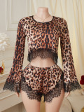 Women Leopard Print Lace Bell Bottom Sleeve Round Neck Sexy Pajama Two-Piece Set