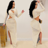 Women Solid Round Neck Long-Sleeve Hollow-Out Slit Maxi Dress