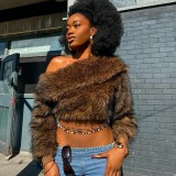 Women Autumn/Winter Furry Slash Shoulder Turndown Collar Long-Sleeved Top