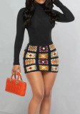 Women Casual Solid Long-Sleeve Top and Printed Skirt Two-Piece Set