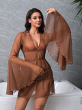 Women Long Sleeve Bell Bottom V Neck Solid Dress