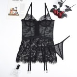 Women Lace Print Camisole See-Through Irregular Two-Piece Sexy Lingerie