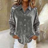 Women Velvet Patchwork Sequin Turndown Collar Long-Sleeved Shirt
