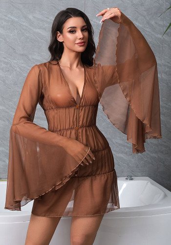 Women Long Sleeve Bell Bottom V Neck Solid Dress