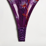 Women Blue Floral Embroidered Mesh Patchwork Camisole See-Through Three-Piece Sexy Lingerie