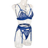 Women Lace Patchwork Bow Cross Garter Sexy Lingerie Three-Piece