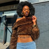 Women Autumn/Winter Furry Slash Shoulder Turndown Collar Long-Sleeved Top