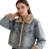 Women Autumn/Winter Furry Long-Sleeved Denim Jacket