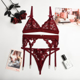 Women Lace Patchwork Bow Cross Garter Sexy Lingerie Three-Piece
