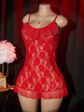 Women Red Sexy Lace See-Through V Neck Open Back Slip-On Nightgown