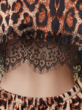 Women Leopard Print Lace Bell Bottom Sleeve Round Neck Sexy Pajama Two-Piece Set