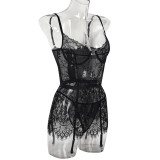 Women Lace Print Camisole See-Through Irregular Two-Piece Sexy Lingerie