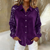Women Velvet Patchwork Sequin Turndown Collar Long-Sleeved Shirt