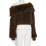 Women Autumn/Winter Furry Slash Shoulder Turndown Collar Long-Sleeved Top