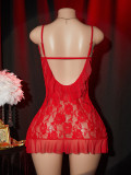 Women Red Sexy Lace See-Through V Neck Open Back Slip-On Nightgown