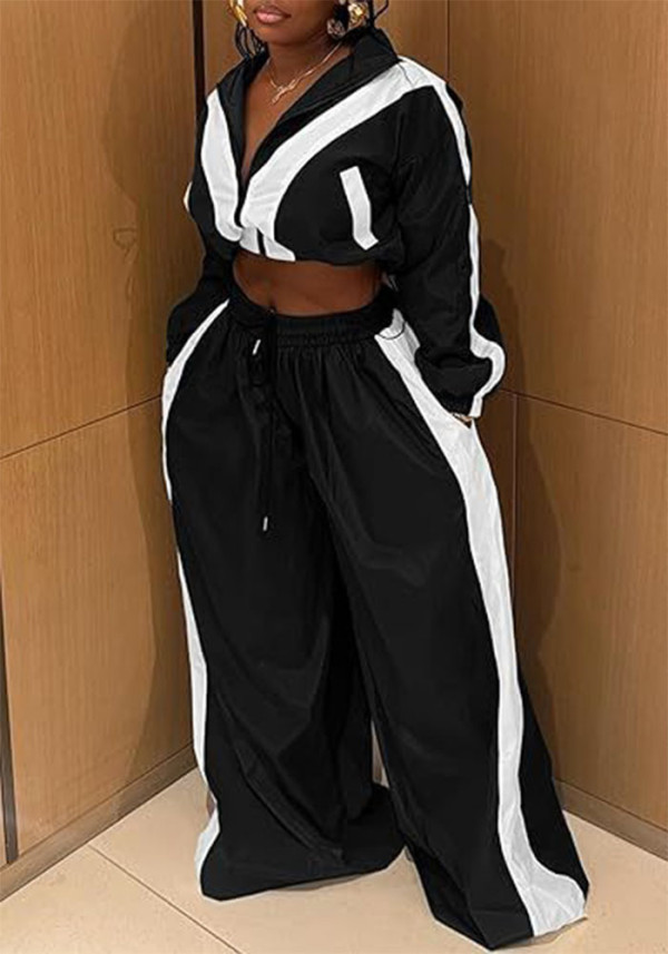 Women Stand Collar Color-Blocked Long-Sleeved Top and Pants Two-Piece Set