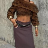 Women Autumn/Winter Furry Slash Shoulder Turndown Collar Long-Sleeved Top