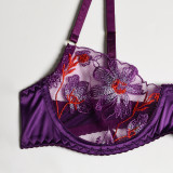 Women Blue Floral Embroidered Mesh Patchwork Camisole See-Through Three-Piece Sexy Lingerie