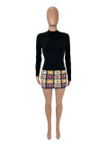 Women Casual Solid Long-Sleeve Top and Printed Skirt Two-Piece Set
