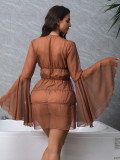 Women Long Sleeve Bell Bottom V Neck Solid Dress