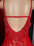 Women Red Sexy Lace See-Through V Neck Open Back Slip-On Nightgown