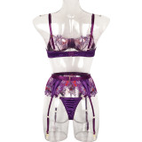 Women Blue Floral Embroidered Mesh Patchwork Camisole See-Through Three-Piece Sexy Lingerie