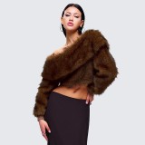 Women Autumn/Winter Furry Slash Shoulder Turndown Collar Long-Sleeved Top