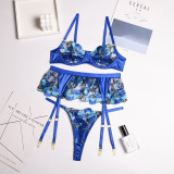Women Blue Floral Embroidered Mesh Patchwork Camisole See-Through Three-Piece Sexy Lingerie