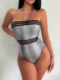 Women Sexy Halter Neck Shiny One-Piece Swimsuit