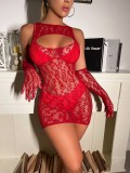 Women Hollow-Out Leopard Print See-Through Sexy Bodycon with Gloves Two-Piece Sexy Lingerie