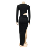 Women Solid Round Neck Long-Sleeve Hollow-Out Slit Maxi Dress