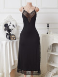Plus Size Women Sexy Lace Slit Slip-On Sexy Maxi Dress Set