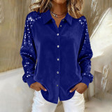 Women Velvet Patchwork Sequin Turndown Collar Long-Sleeved Shirt