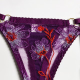 Women Blue Floral Embroidered Mesh Patchwork Camisole See-Through Three-Piece Sexy Lingerie