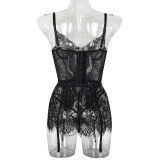 Women Lace Print Camisole See-Through Irregular Two-Piece Sexy Lingerie